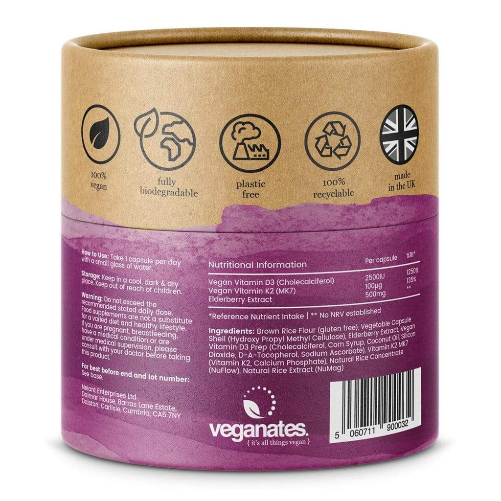 Vegan Vitamin D3 2500IU & K2 MK7 100µg With Elderberry Extract in Plastic Free Biodegradable Tub - Inflow Alternative CBD